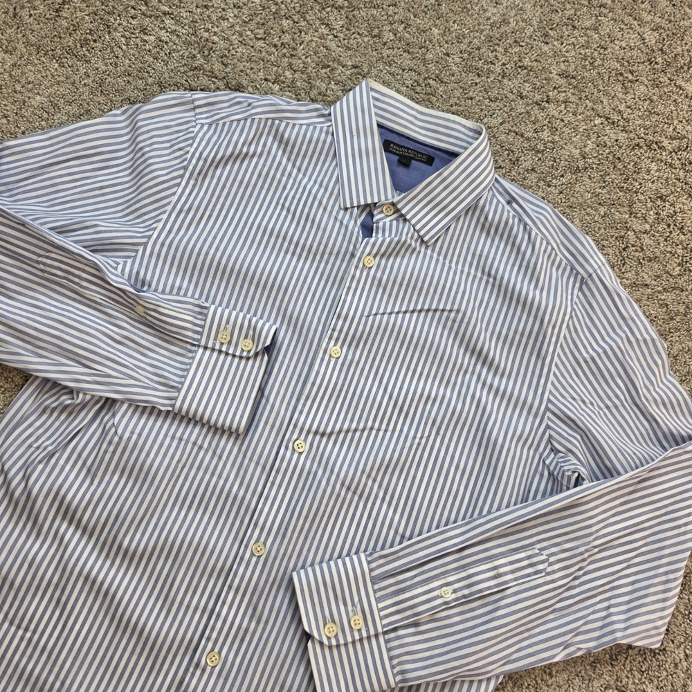 Banana Republic Shirt Mens Large Blue White Striped Non-Iron Tailored Slim Fit